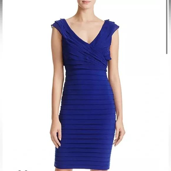 Adrianna Papell V Neck Shutter Pleat Wrap Midi Dress - Picture 2 of 9